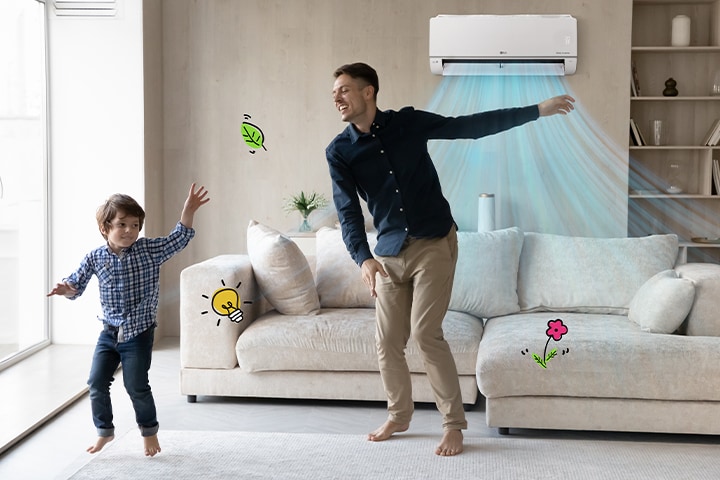 冷氣機在快樂的父親和兒子身後啟動，周圍有表達能量的燈泡和葉子。