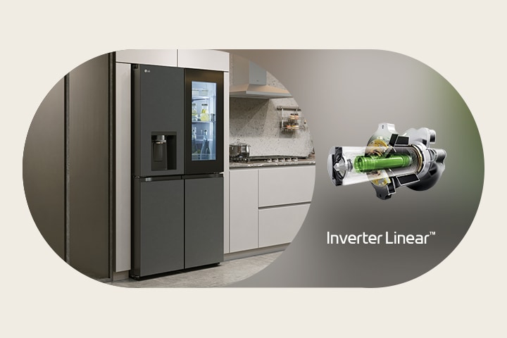 LG 雪櫃和 LG Inverter Linear Compressor™ 並排可見。