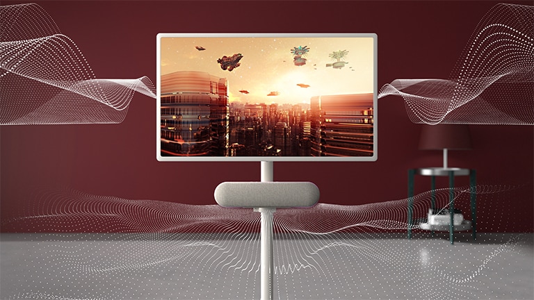 LG StanbyME 喇叭 XT7S 與紅色背景前的 LG StanbyME 進行連接。音效圖形同時從螢幕和喇叭中傳出。螢幕顯示橙色的未來風格影像。