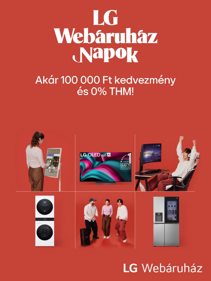 Akár -100 000 Ft kedvezmény, akár 0% THM LG Webáruház napok felirat és LG termékek jelennek meg egy piros háttér előtt.