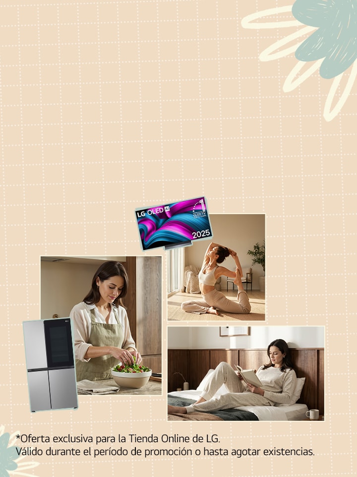 Visual clave de estilo de vida que muestra rutinas diarias en casa con electrodomésticos LG