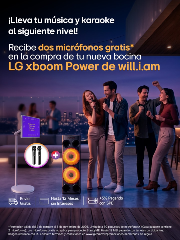Recibe 2 micrófonos gratis* en la compra de tu nueva bocina LG xboom Power de will.i.am