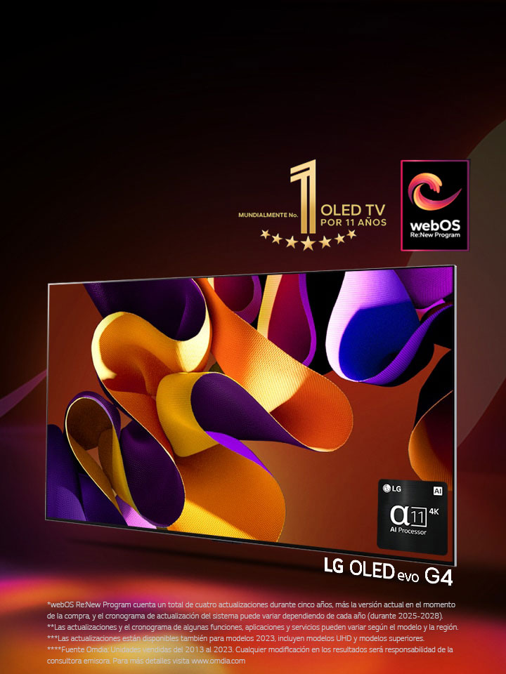 Una imagen de LG OLED evo G4 flotando en un arte moderno de fondo. Emblema  de 11 años de OLED número 1 de OLED en el mundo, logo de webOS Re:New Program y logo de procesador alpha 11 AI 4K.