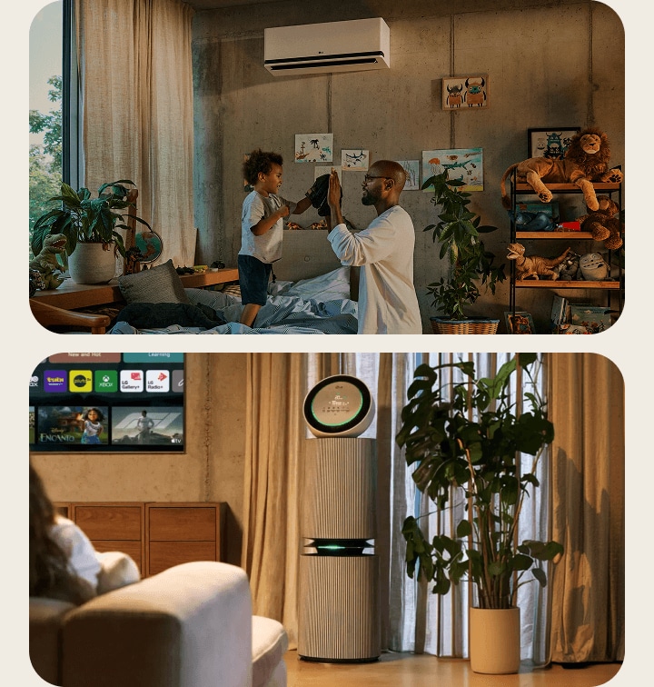 Un padre y su hijo chocando las manos en un dormitorio con una LG DUALCOOL AI en la pared, junto a una escena de salón con una LG Air PuriCare al lado del LG AI TV.