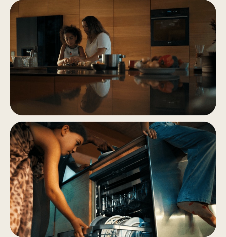 Un primer plano de platos siendo colocados en una LG Dishwasher abierta, junto a una madre e hija cocinando juntas en una cocina con una LG InstaView AI al fondo.
