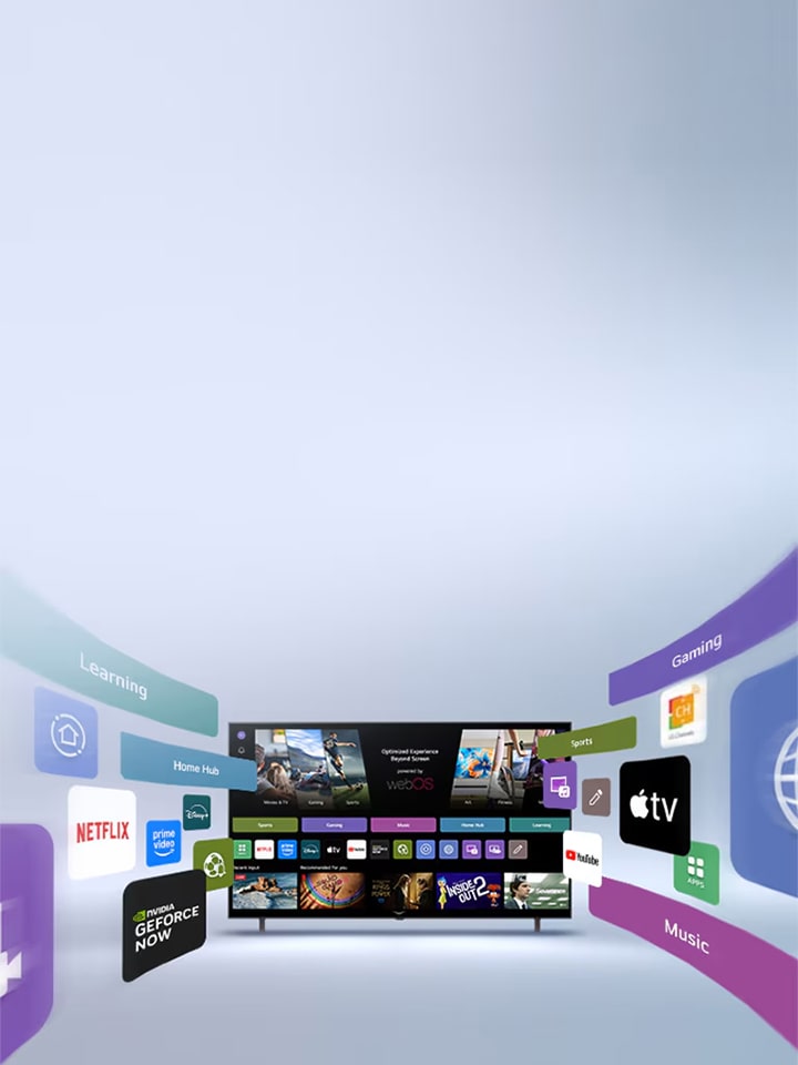 LG Smart TV displaying webOS home screen with entertainment apps and LG Channels UI elements dynamically expanding outward, highlighting 4,000+ global apps and channels.