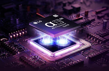 An image of the α11 AI Processor 4K on top of a motherboard, emitting purple and pink bolts of light.
