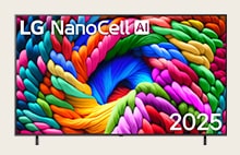LG NanoCell TV with colorful artwork and LG NanoCell AI 2025 title featured on the screen.