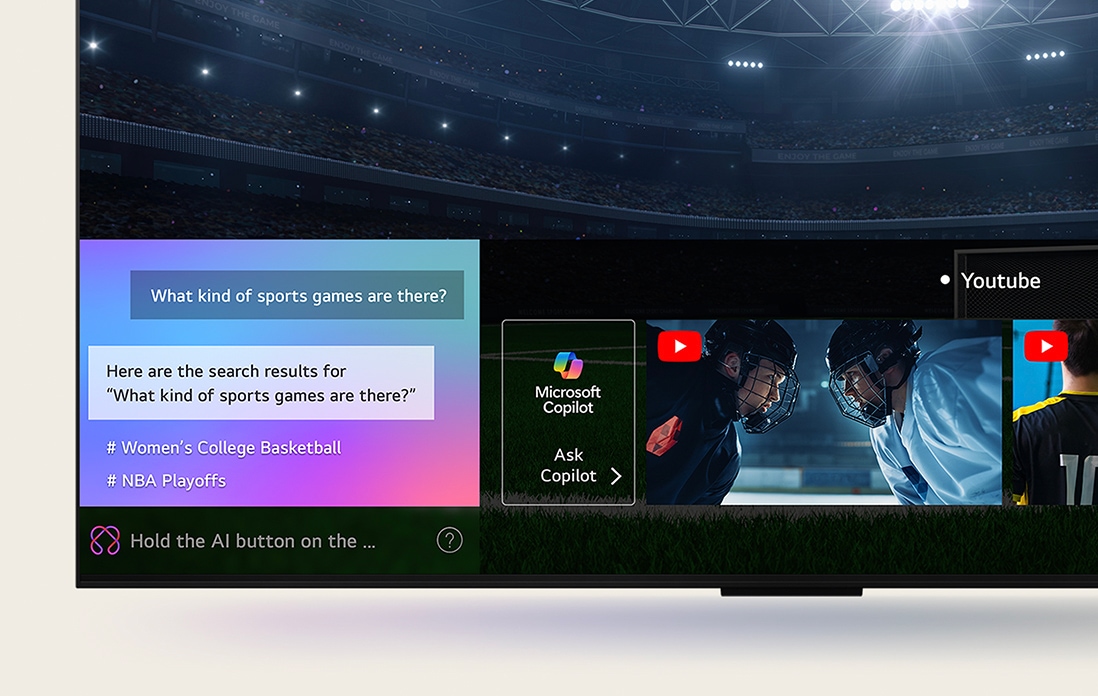 Close-up of an LG QNED TV screen showing how AI Search works. A small chat window is open showing how the user asked for what sports games are available. AI search responded via chat and by showing thumbnails of available content. There is also a prompt to ask Microsoft Copilot.