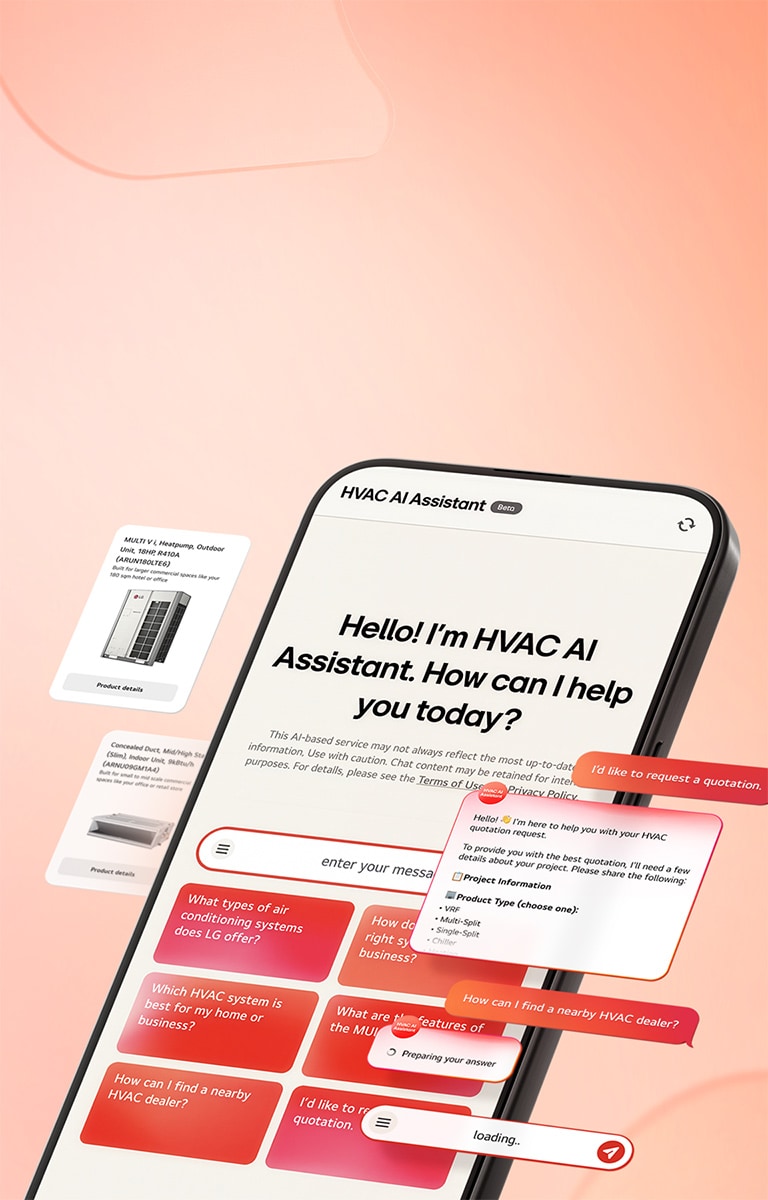 LG HVAC AI assistant interface on a smartphone with chat support and product inquiry features in a digital environment