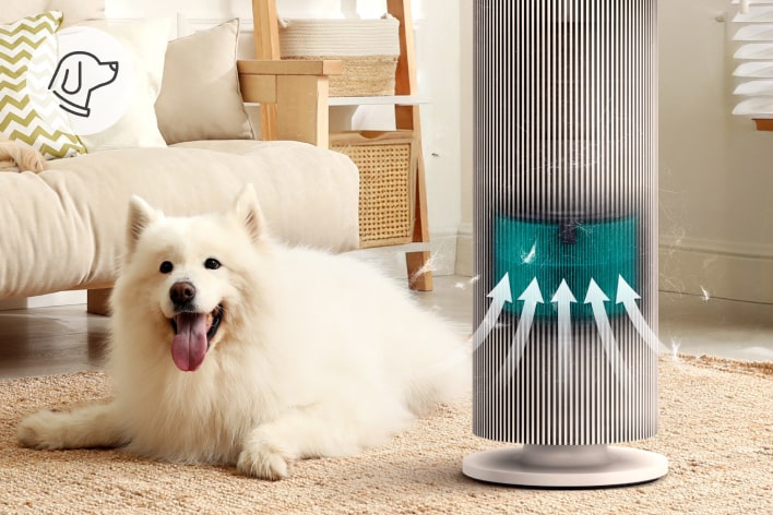 LG air purifier with pet mode, showing a dog nearby and filtration of pet hair and dander for cleaner air