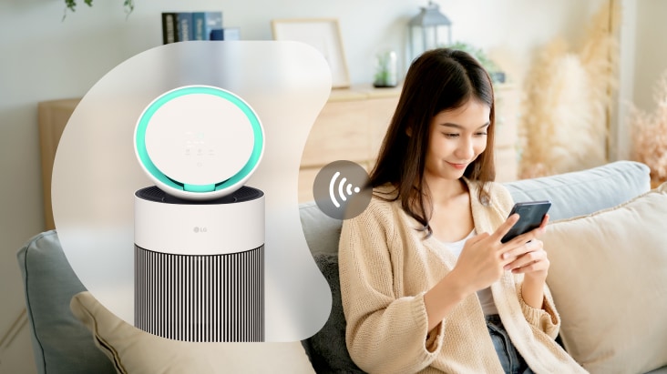 LG air purifier connected to a smartphone via Wi-Fi, highlighting convenient control and monitoring through the LG ThinQ app