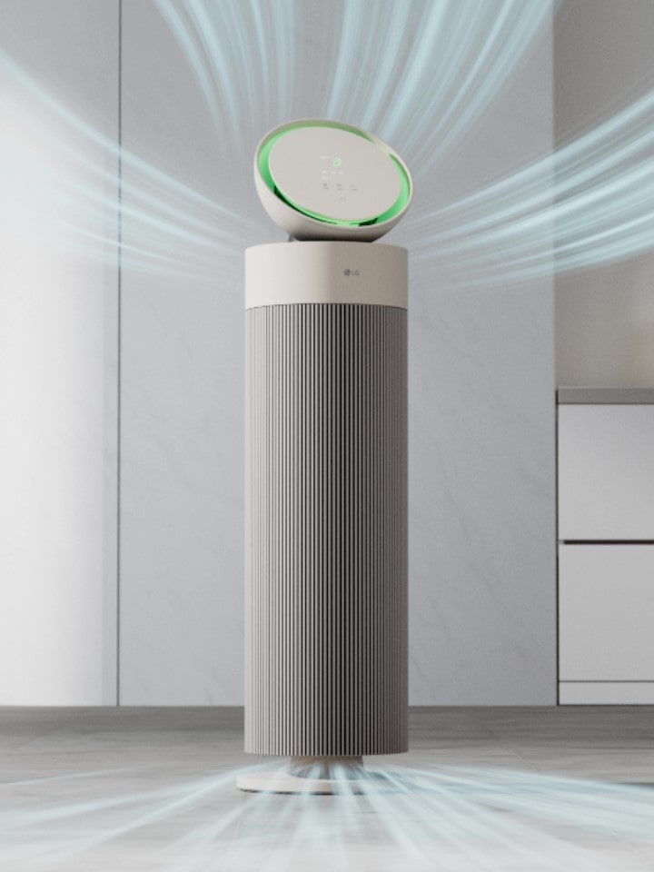 LG air purifier with Aero V Pet Filter, capturing dust and releasing clean air in all directions
