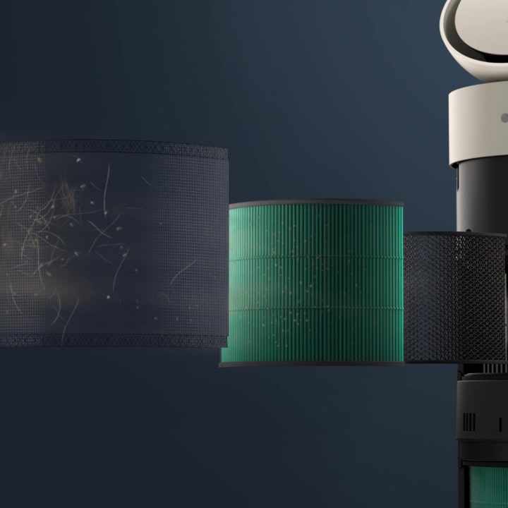 LG air purifier video showcasing the HEPA filter, highlighting air intake, multi-filtration stages, and clean air release