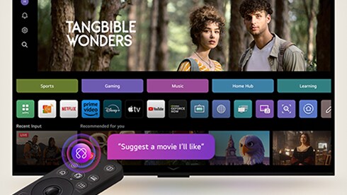 On an LG OLED TV screen is the webOS 25 home page filled with apps and entertainment content. By the TV is the LG AI Magic Remote, the AI button is highlighted as if activated by the user's voice. A speech bubble is beside it, switching to my account.