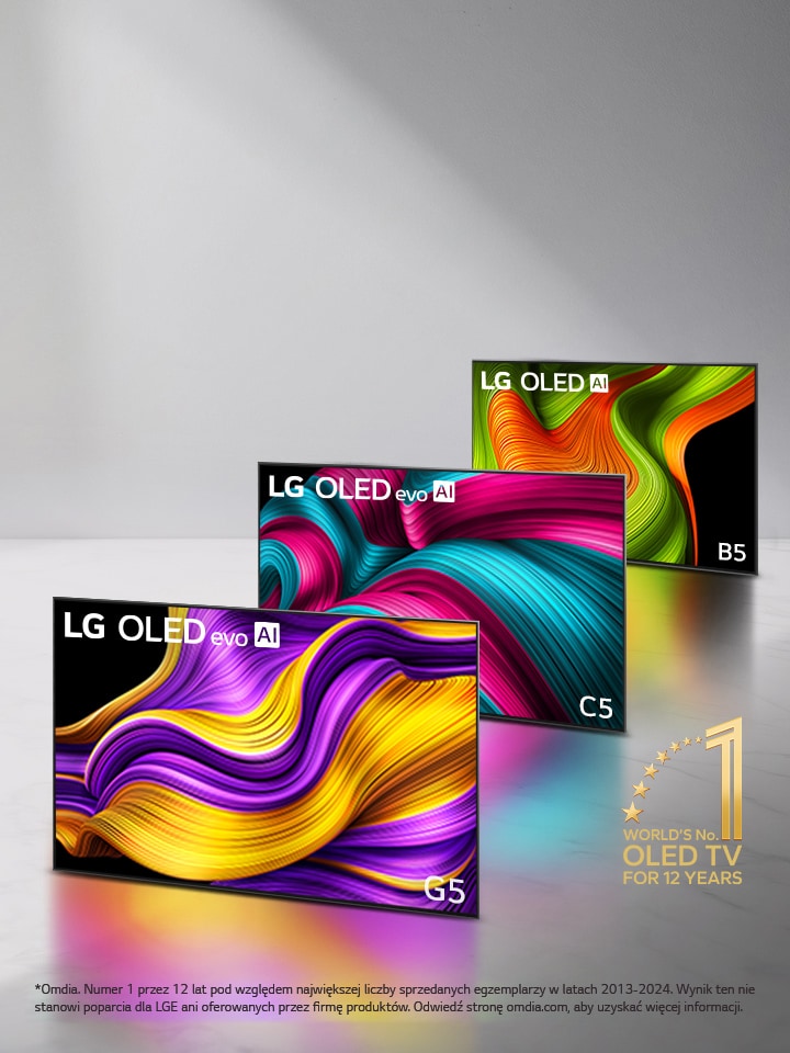 Trzy formacje w składzie telewizorów LG OLED evo: C5, G5 i B5. Na rogu znajduje się emblemat „Najlepszy na świecie telewizor OLED od 12 lat”.