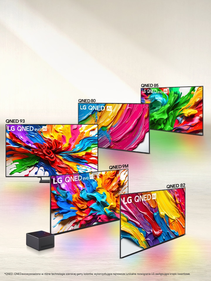 Seria pięciu telewizorów LG QNED evo AI, QNED80, QNED85, QNED92, QNED9M z Zero Connect Box, QNED82.