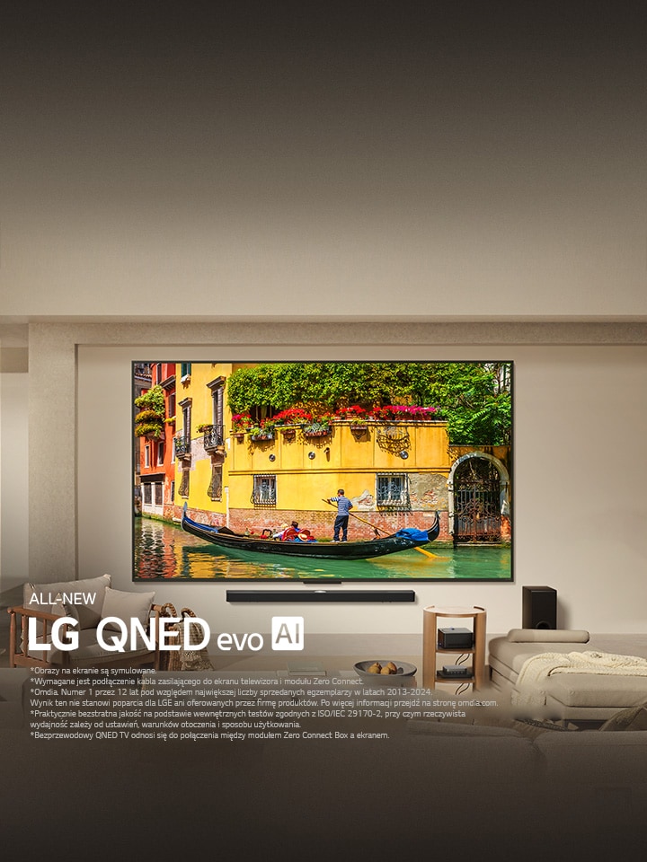 LG QNED9M zamontowany na ścianie nad LG Soundbar w nowoczesnym salonie. Zero Connect Box umieszczony wewnątrz stolika kawowego.