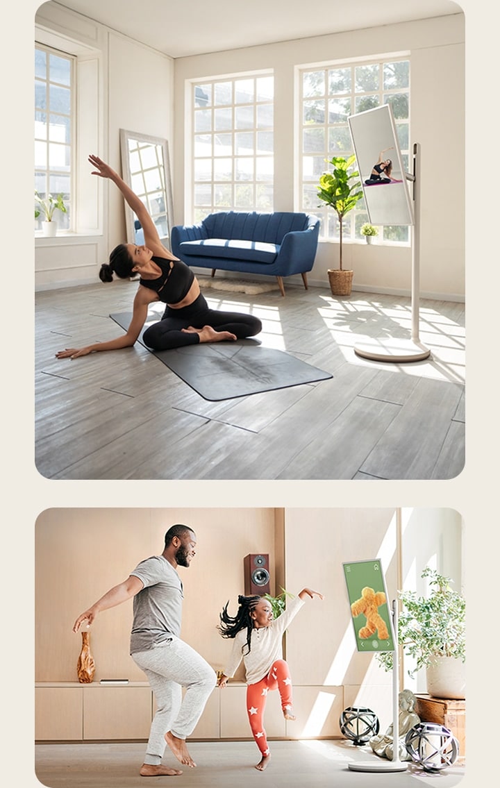 Dwie różne sceny w różnych domach. W jednej LG StanbyME znajduje się na stojaku, a ojciec z córką tańczą do choreografii dziecięcego programu wyświetlanego na ekranie. W drugiej kobieta ćwiczy jogę, śledząc wideo na LG StanbyME stojącego na stojaku.