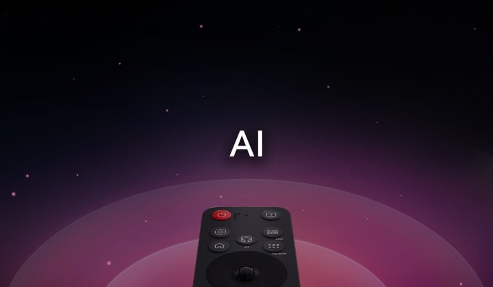 LG AI Magic Remote z podświetlonym przyciskiem AI. Graficzna reprezentacja interfejsu pokazuje ikony funkcji przycisku AI, umożliwiające dostęp do różnych funkcji sztucznej inteligencji. Usługi obejmują: AI Voice ID, AI Search, AI Chatbot, AI Concierge, AI Picture Wizard oraz AI Sound Wizard. Następnie prezentowana jest funkcja kursora – pokazuje, jak pilot może być używany jak mysz powietrzna – wystarczy wskazać i kliknąć.