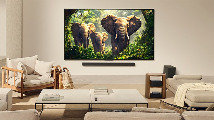 Zawieszony na ścianie LG QNED9M TV w salonie. Zero Connect Box umieszczony pod stolikiem wraz z innymi urządzeniami peryferyjnymi.