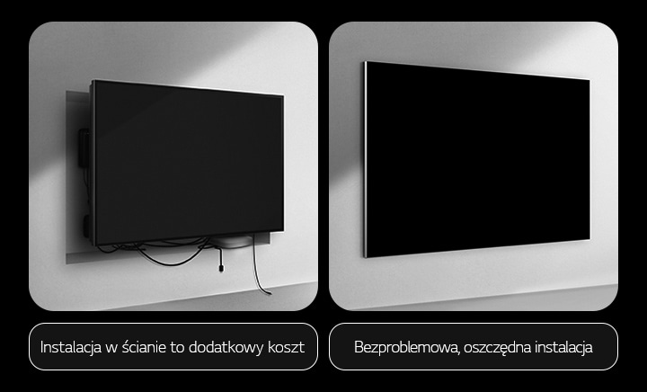 Porównanie montażu telewizora przewodowego i LG True Wireless TV. W przypadku telewizora przewodowego widać dodatkowe prace potrzebne do ukrycia urządzeń. Przez szczeliny nadal widać plątaninę kabli. Treść etykiety: instalacja w ścianie to dodatkowy koszt. W przypadku LG True Wireless TV telewizor jest elegancko zamontowany na ścianie. Brak kabli i urządzeń na widoku. Treść etykiety: bezproblemowa, oszczędna instalacja.