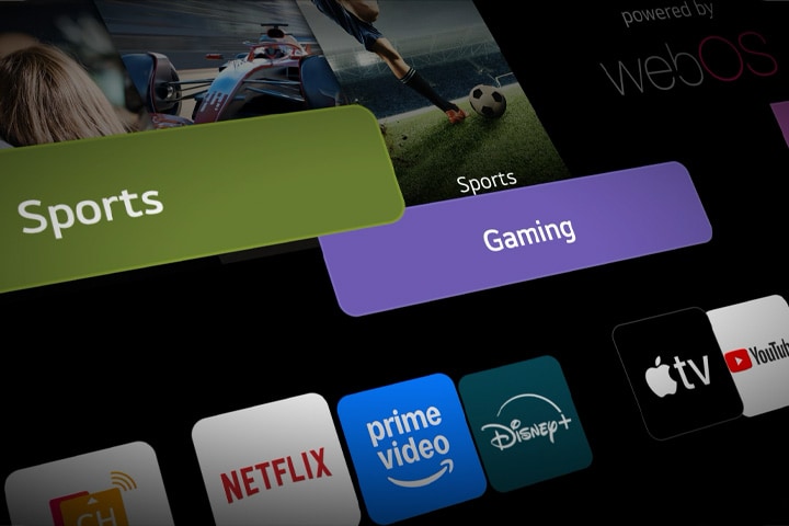 Interfejs LG Smart TV z animowanymi skrzynkami kategorii płynnie przechodzącymi na ekran główny webOS, prezentujący spersonalizowany dostęp do treści za pośrednictwem zintegrowanego centrum sterowania.