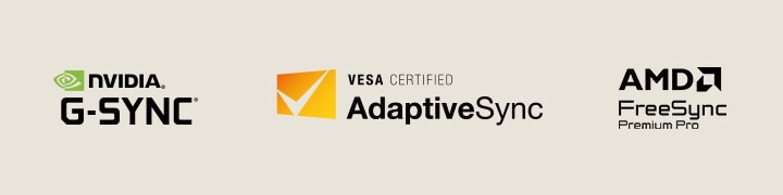 Logo NVIDIA G-SYNC, VESA AdaptiveSync i AMD FreeSync Premium Pro.