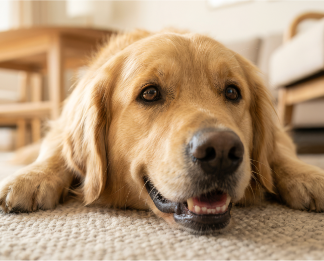 Golden retriever odpoczywa na podłodze w spokojnym, przyjaznym psom wnętrzu domu