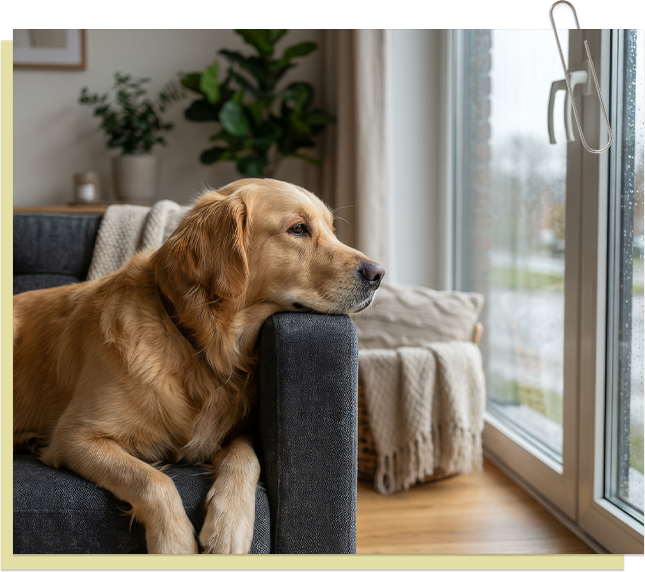 Golden retriever odpoczywający na sofie przy oknie w spokojny, deszczowy dzień