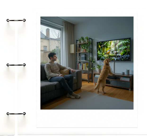 Golden retriever ogląda telewizję ze swoim właścicielem w przytulnym salonie w deszczowy dzień