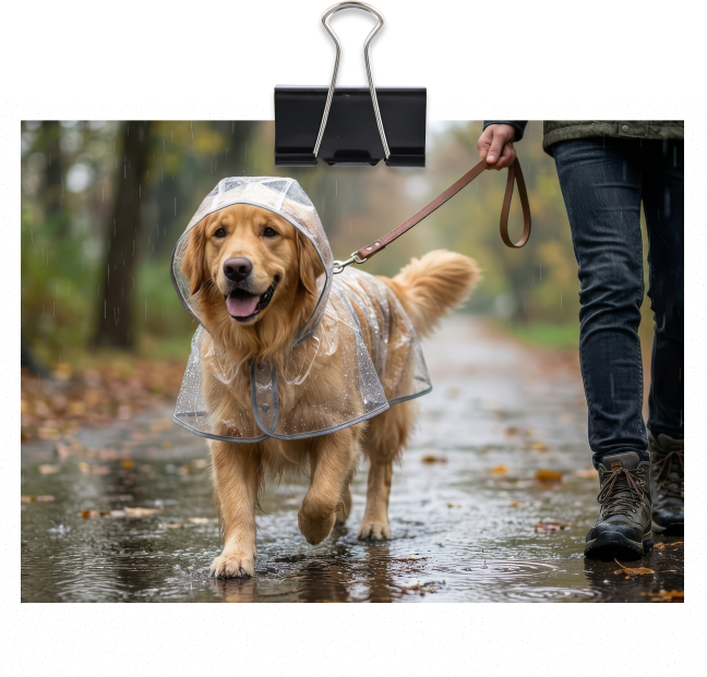 Golden retriever w płaszczu przeciwdeszczowym idzie mokrą ścieżką z właścicielem podczas deszczowego spaceru