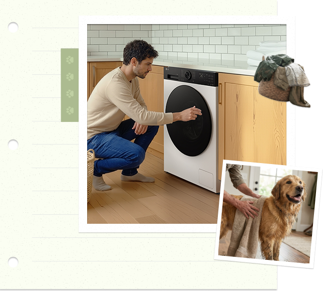 Mężczyzna wkłada pranie do pralki, podczas gdy golden retriever stoi w pobliżu w ciepłym wnętrzu domu