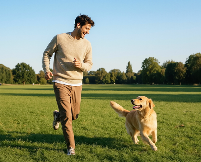 Mężczyzna bawiący się z golden retrieverem w słonecznym parku podczas spokojnego spaceru