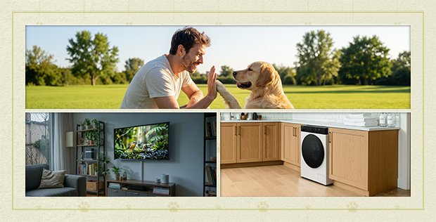 Kluczowy wizualny element lifestylowy przedstawiający codzienne domowe czynności z urządzeniami LG