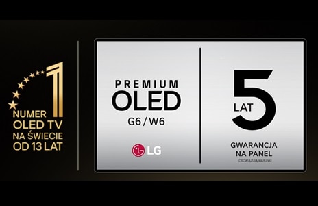 Obraz logo LG OLED Care+ i 5-letniej gwarancji na panel na czarnym tle.