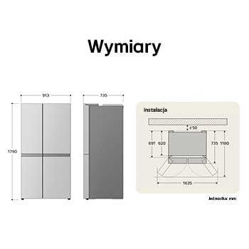 Lodówka Side-by-Side LG rysunek techniczny: wys. 1790, szer. 913, gł. 735 mm, z wymiarami instalacyjnymi i $\ge$50 mm odstępu od ściany.