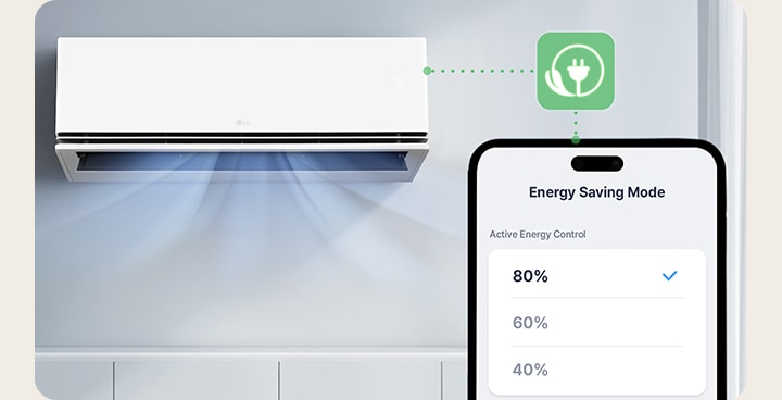 Inteligentny klimatyzator LG z Trybem Oszczędzania Energii, pokazany wraz z aplikacją na smartfonie, która wyświetla sterowanie prędkością wentylatora ustawioną na 80 procent.
