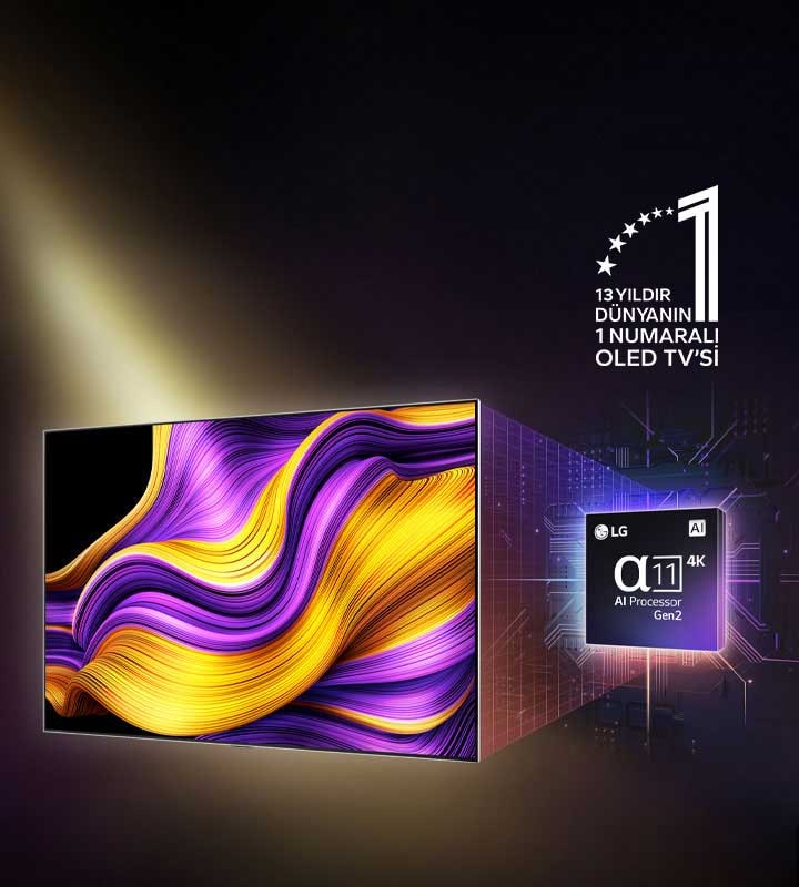 Ekranında renkli soyut sanat eseri bulunan LG OLED TV ve arkasında vurgulanan Alpha 11 AI İşlemci Gen2. İşlemciden ve televizyondan çıkan parlak ışıklar, gelişmiş teknolojisini sergiliyor. 13 yıldır dünyanın 1 numaralı OLED TV’si amblemi de yer alıyor.