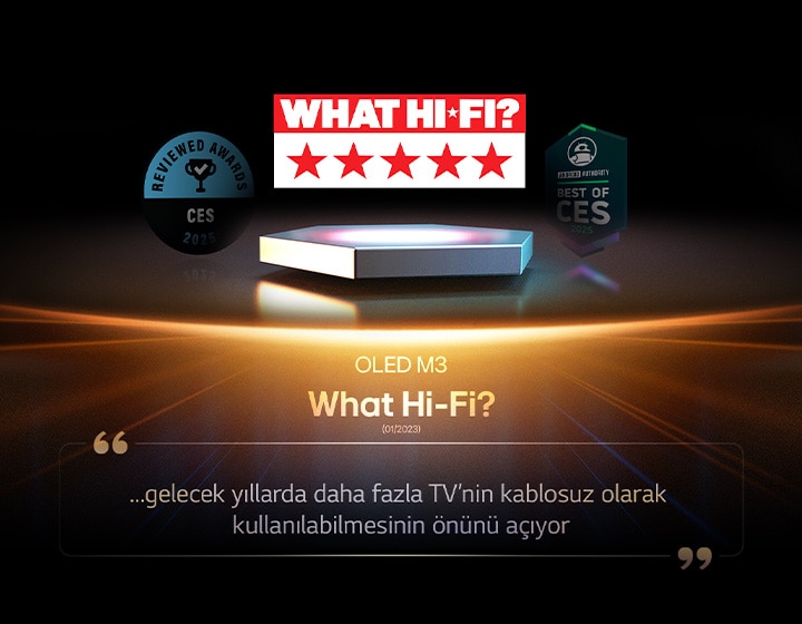 What Hi-Fi ödüllü OLED M3. Değerlendirmelerinden bir alıntıda, OLED M3’nin gelecekteki rahat ve kablosuz TV’lerin önünü açtığından bahsediliyor.