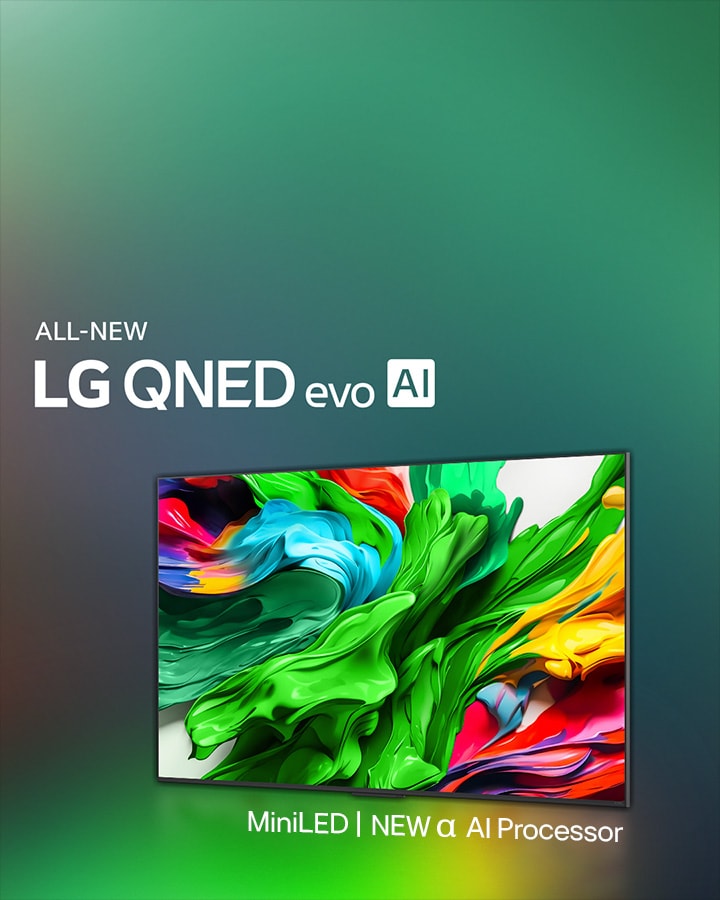 Renkli karanlık bir arkaplanın önünde LG QNED TV yer alıyor. Ekranda, QNED’in renk teknolojisi ve geniş renk tonu yelpazesini harika bir kontrastla görüntüleme becerisini sergileyen parlak ve renkli bir sanat eseri yer alıyor. Yepyeni LG QNED evo AI logosu bulunuyor. QNED'in MiniLED ve yeni alfa AI işlemciyi tanıtan altyazılarla birlikte. Başlıkta Baştan Yaratılan Renklerle Yepyeni Bir Deneyim yazıyor.