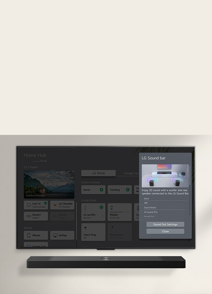 LG Soundbar, LG QNED TV’nin altında yer alıyor. TV ekranında soundbar arayüzü ve TV ses kontrolleri gösteriliyor.