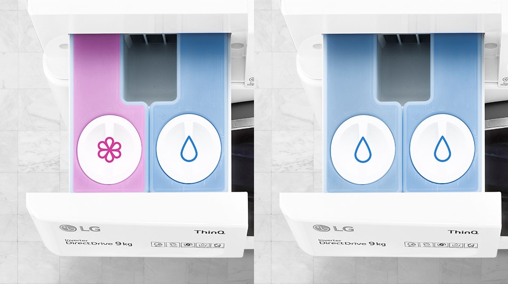 There are two top images of the washing machine's detergent container. One image shows that contains detergent and softener respectively, and the other image shows that both places are filled with detergent.