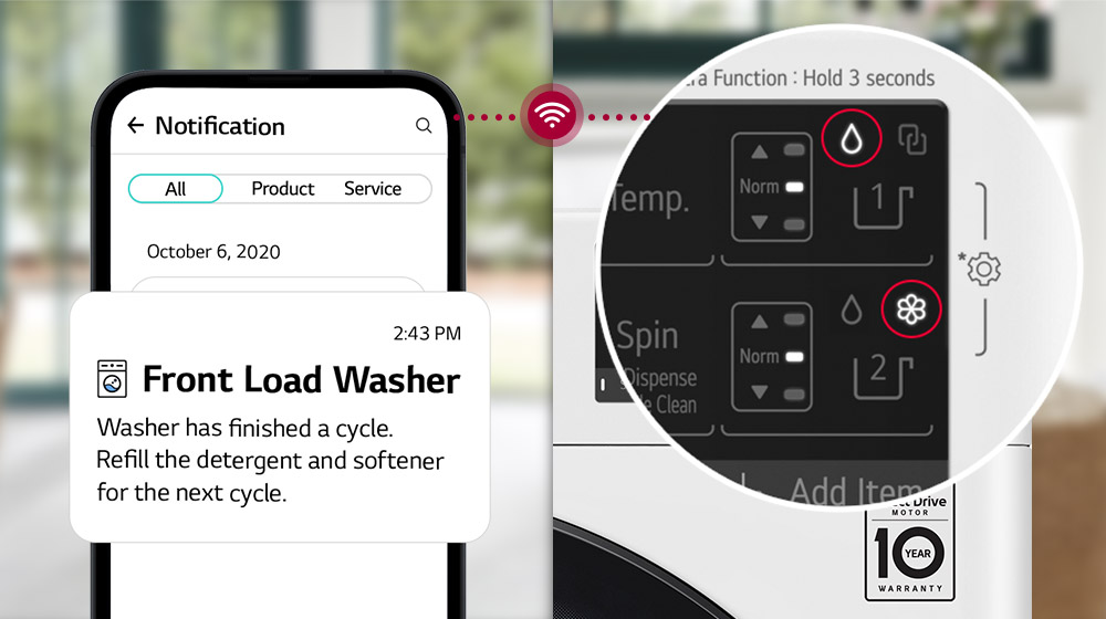 Notification to refill the washing machine are being shown on both mobile and washing machines.