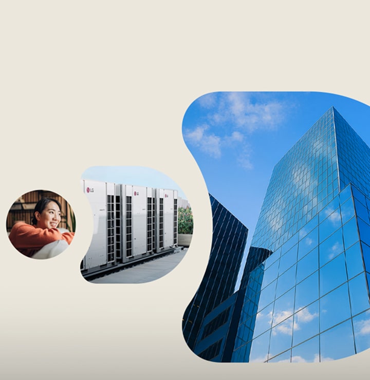 LG HVAC promotional image with smiling woman and product graphic. Life’s Good with LG technology designed for comfort and sustainability.