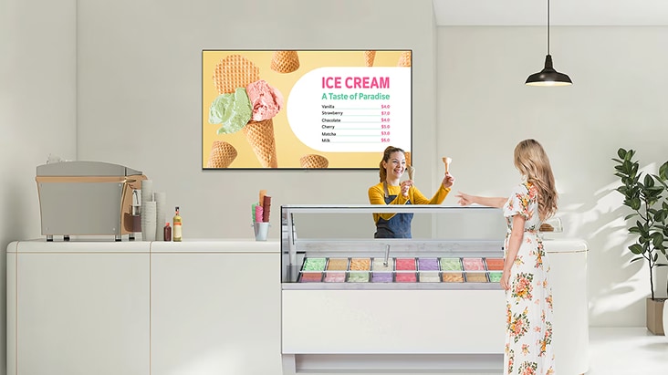 LG Professional TV displaying ice cream shop menu with vivid 4K visuals
