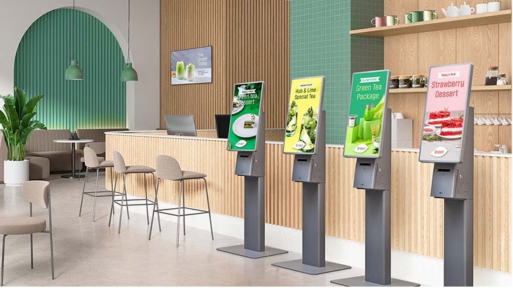 LG Kiosk digital terminals in café interior for self-ordering and customer convenience