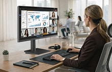 Man participating in a video conference call on an ultrawide curved monitor displaying multiple people and data charts.