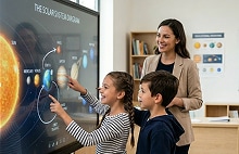 A teacher and a student smiling while working together on a laptop.