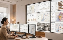 Control room with multiple large display screens showing data charts, maps, and monitoring dashboards while people work at computer stations.
